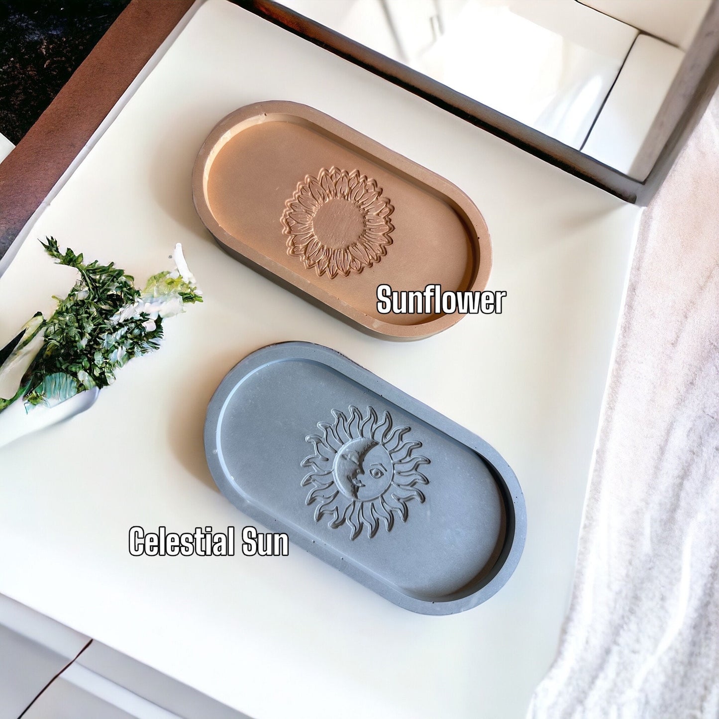 Gypsum Oval Trinket Tray, Flower Feather Celestial Sun Design, Home Decor, Concrete Imprint Designs