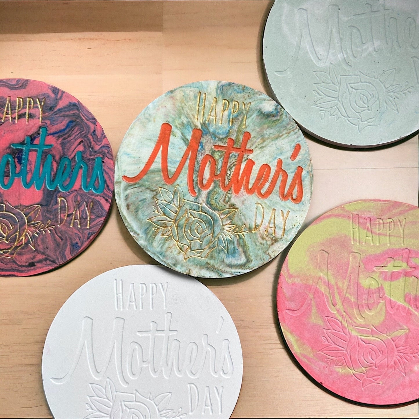 Circular Mothers Day Jesmonite Imprinted Drinks Coaster, Happy Mothers Day Gift, Marble Jesmonite